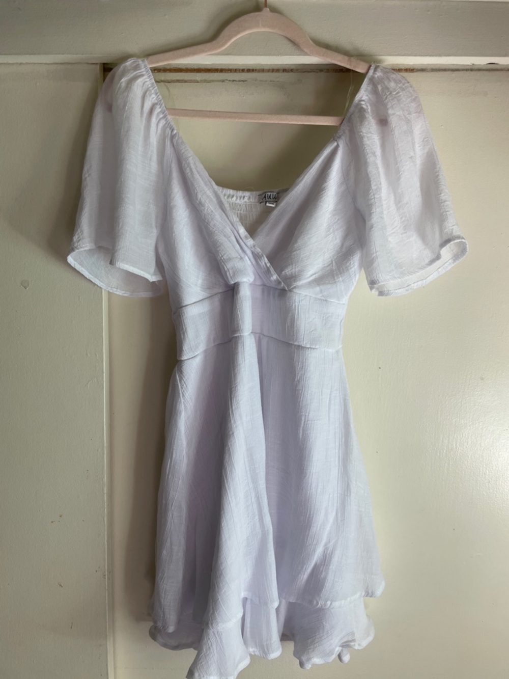White Flutter Sleeve V-Neck Mini Dress